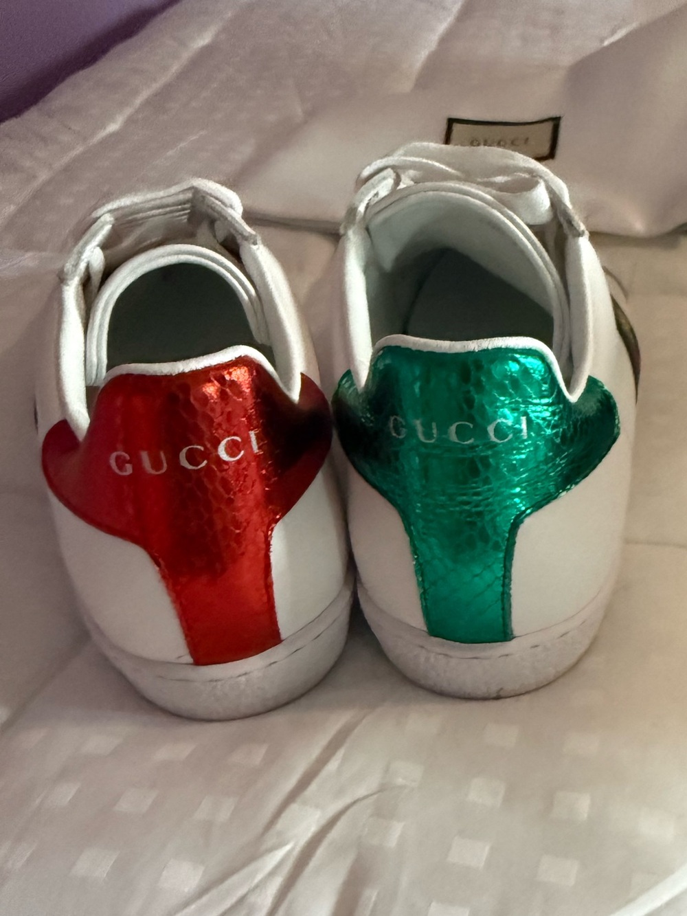Gucci White Leather Sneakers with Metallic Red and Metallic Green Heel Tabs